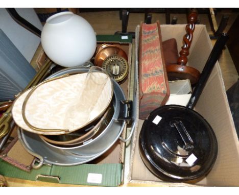 A collection of assorted items, including pans, brass fireside implements, copper oil lamp, ledger book, a wooden lamp stand,