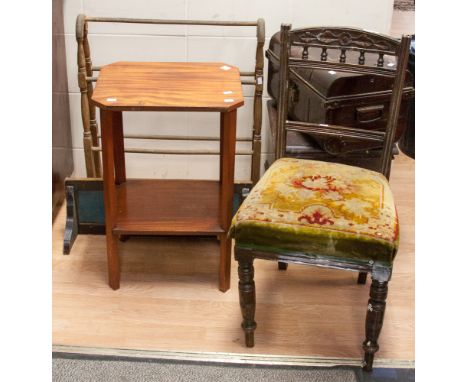 A collection of furniture, comprising mahogany occasional table, commode, side chair, towel horse, tin trunk, dressing table 