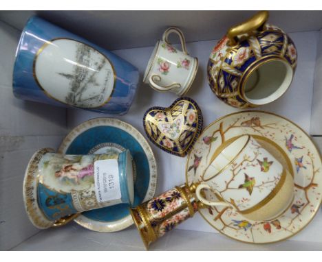 A Royal Crown Derby tyg, a decorative cup and saucer depicting maidens and cherubs; a lustre German souvenir beaker; Royal Cr