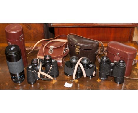 Three pairs of cased Zeiss binoculars - 8 x 30B, Notarem and Jenoptem 8x30 MC Carl Zeiss Jena F=75-300 MM camera lens 