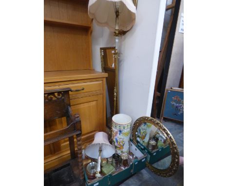 A box of metalwares and onyx boxes, etc; together with a standard lamp, ceramic stick stand and two gilt framed mirrors 