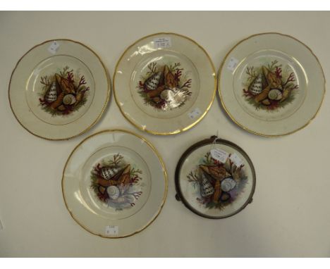 A collection of Prattware shell pattern plates together with a similar pot stand with electroplated base (5)