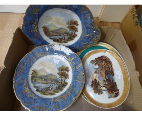 A Prattware part dessert service with Continental river landscape and gilt foliate border, together with Haddon Hall and Chat