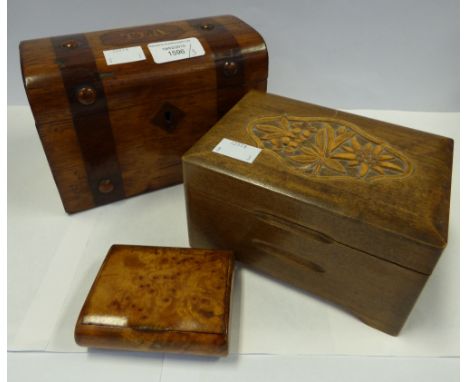 A 19th Century oak and rosewood banded tea caddy, a small cigarette musical box and a burr wood cigarette case 