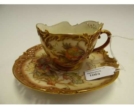 A Royal Worcester blush ivory reticulated cabinet cup and saucer, No. 1471 (2) 