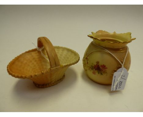 A Royal Worcester blush ivory ovoid pot, with four panels of floral still life's, stamped to base 1079, 7.5cm high, together 