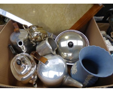 A Piquot ware teaset including tray, together with plated teapot, Jasperware vase etc 