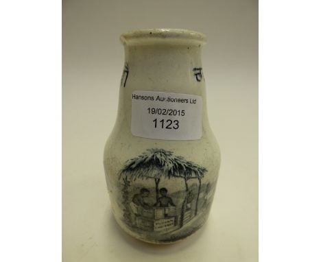 A Prattware paste jar transfer printed with Indian tribal scenes including 'Indian Chutnee' sellers, and Hindu symbols to the