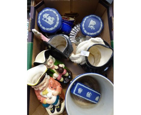 Six character jugs, three Aynsley decorative cup and saucers and Wedgwood Jasper ware items, etc 