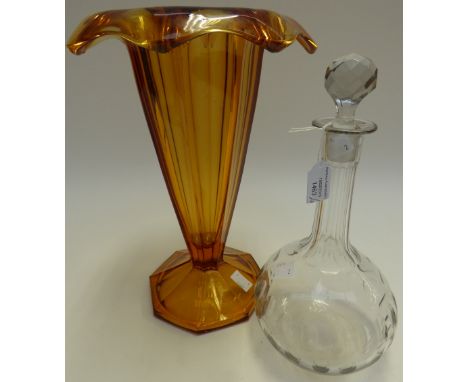 A Victorian Sherry decanter - cut glass - with stopper and a 20th Century large Sowerby glass trumpet vase (brown glass) 