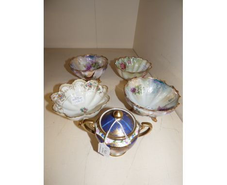 Noritake, raised bowl and a sucriere with lid; together with three other raised fluted bowls (5) 