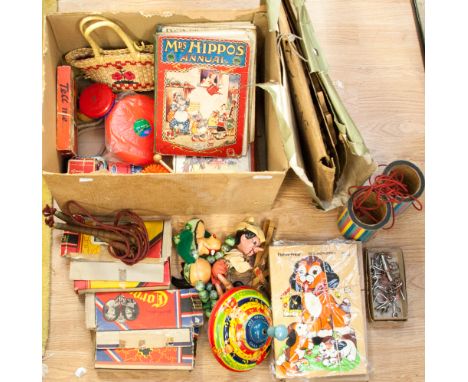 A collection of toys, 1900 onwards including puzzles, Lego sets, printing blocks, Chad Valley spinning top, cards, etc 