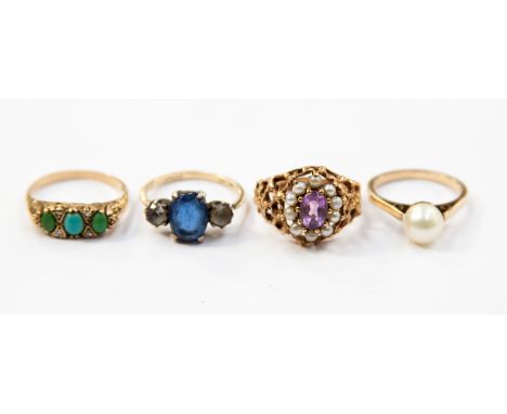 A collection of various gold rings, including sapphire set ring, pearl ring and a seed pearl and amethyst ring 11.9 grams app