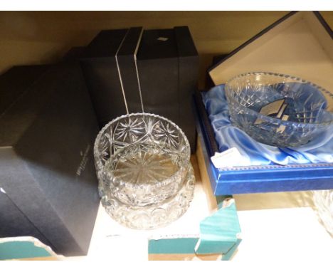 A collection of Waterford boxed Lismore wine glasses, Stuart glass decanter; Thomas Webb; Edinburgh Crystal, etc, including b