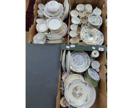Three boxes of ceramics to include Masons part dinner service, two pink floral part tea services, some parts hand painted, wh
