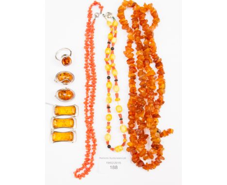 Amber necklaces; coral necklace; ring and earrings 