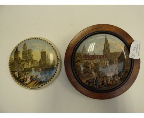 Two Prattware pot lids of Strasbourg, Strasburg (331) and French Street Scene (312) (2) 