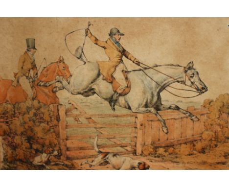 A signed hand coloured hunting lithographic print, dated 1823 (glass missing) 