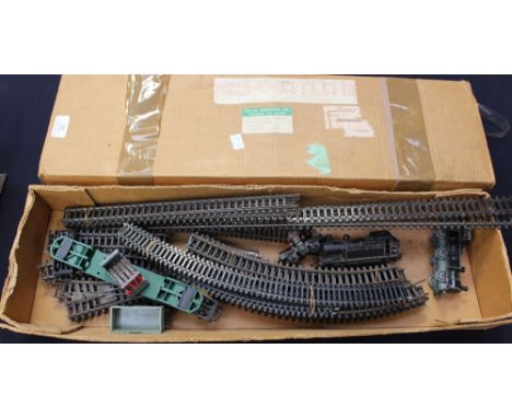A Triang Hornby rail track 16 mm approx, engine, transporter and carriage LMS, etc 