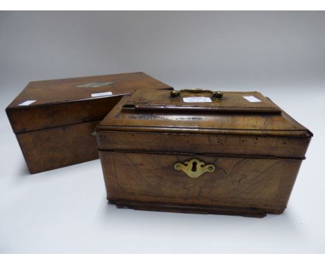 A Georgian tea caddy with brass carry handle and a Victorian burr wood and mother of pearl inlay work box with assorted conte