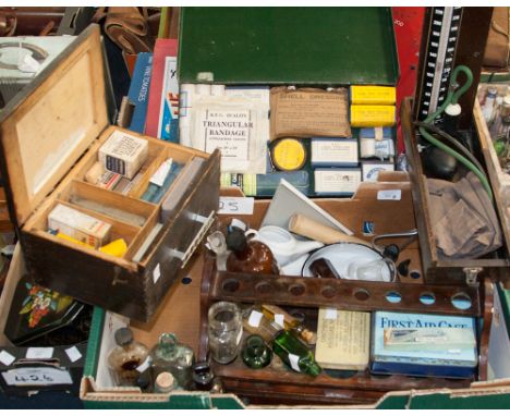 A good quantity of medical equipment bottles, feeding cups, stands and boxed first aid kits to include sphygmomanometer etc a