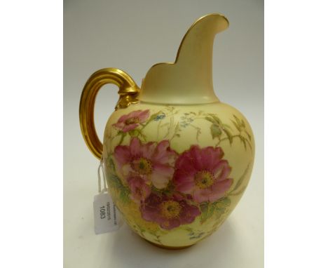 A Royal Worcester squat blush ivory jug, painted with wild rose type flowers, shape No. 1094, 18 cm high approx 