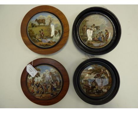 A collection of Prattware pot lids including Halt by the Wayside (350), The Red Bull Inn (359), The Waterfall (365) and The V
