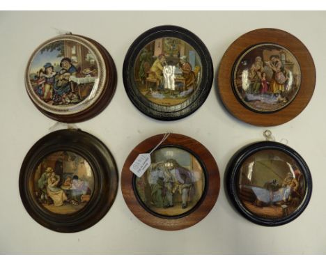 A collection of Prattware pot lids including a Letter from Digging (360), A Pair (252), the Enthusiast (245), Uncle Toby (328
