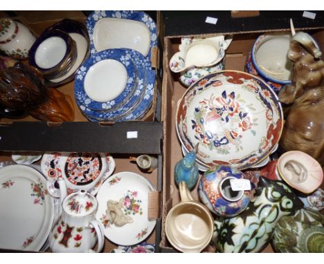 Three boxes of ceramics to include a late Victorian Wedgwood jug, decorated with trailing flowers and cherry blossom, Wedgwoo