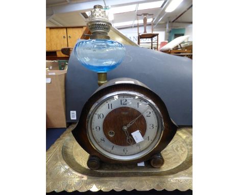 A brass oil lamp, tray and clock (3)