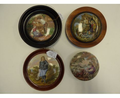A collection of Prattware pot lids including the Shepherd Boy (326), Blue Boy (174), Poultry Woman (349) and Feeding the Chic