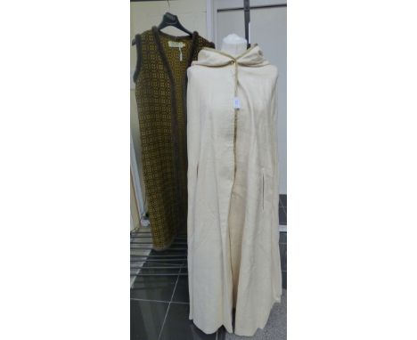 A wild silk cream hand made wedding/evening cloak in amazing condition 1980s; Welsh tapestry faux fur edged waistcoat 1960s (