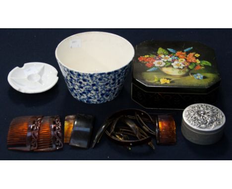 An early Rimmel aluminium loose powder box; a quantity of 1950s hair slides and accessories in a tin; together with a waterco