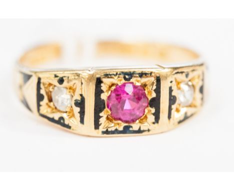 An 18ct Victorian diamond and ruby ring, with traces of black enamel, 4.2g, size Q