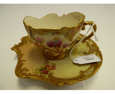 A Royal Worcester blush ivory reticulated cabinet cup and saucer, No. 1471 (2) 