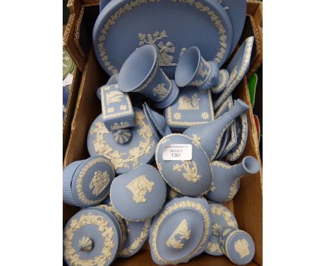 A collection of Wedgwood Jasperware in blue and white, including trays, dishes, trinket dishes, trinket boxes, etc