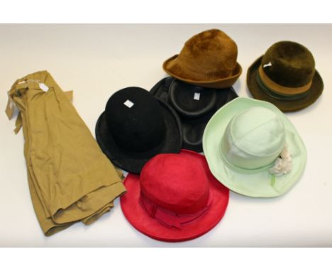 A bowler hat; one black picture hat, two hats and another two hats; two pairs of 1940s Army khaki shorts 