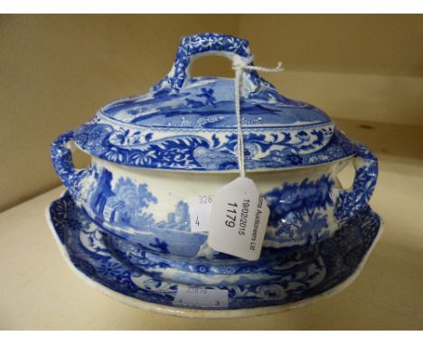 A Spode Blue Italian sauce boat cover and stand 