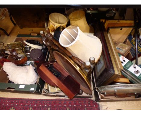 Three boxes of assorted collectables, including an onyx mantle clock, a brass topped folding table, binoculars, pictures, lam