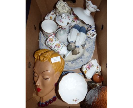 A collection of ceramics including Derby Posies, Crown Derby paperweight, Lladro bell, Nao figure, Art Deco wall plaque, Staf