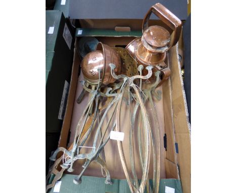 A box of copper and brassware including a British Rail copper lamp 
