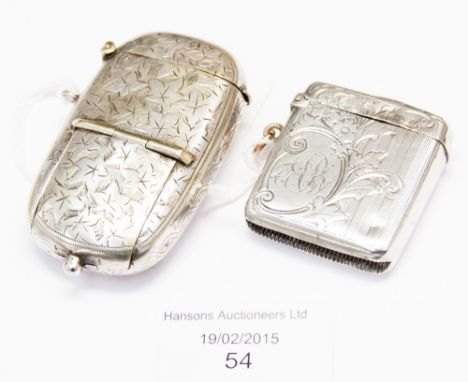 An Edwardian silver vesta case, Birmingham 1906, chased floral decoration, 0.77ozt; and a Victorian silver plated combination
