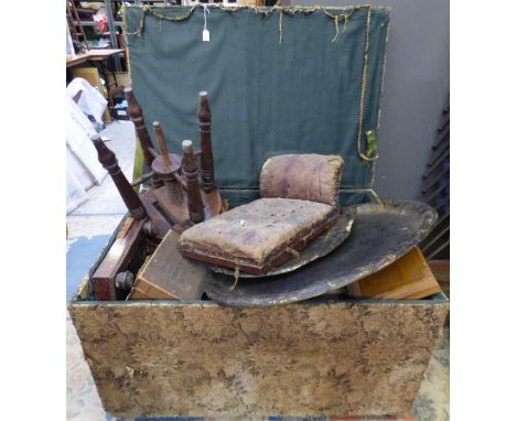 An upholstered commode, containing books, papier mache trays, stools, etc 