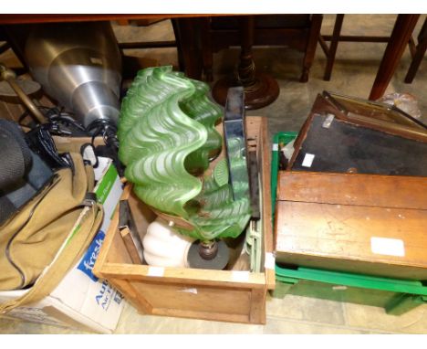 Tools, light fittings, camera, metalware, etc (four boxes) 