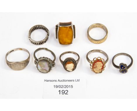 A collection of assorted silver rings, including one set with amber, cameo ring and various others, 10 ozt approx 