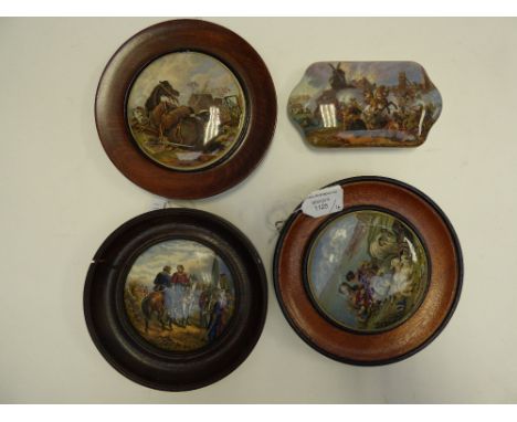 A group of Prattware pot lids including War (212), Garibaldi meeting Victor Emmanel (211), War (219) and Peace (220), three f