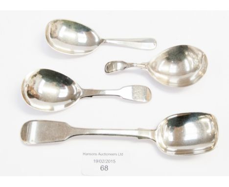 Three silver caddy spoons, c.1800, 1840, 1969; and a sugar spoon, London 1849, 2.8ozt (4)