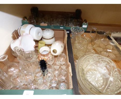 Three boxes of glassware, including light shades, drinking glasses, jugs and bowls, etc 