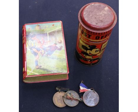 Two tins - a Chad Valley sharp shooter money box 1950s and a pre World War Two Mickey Mouse (Disney) money box and three Nott