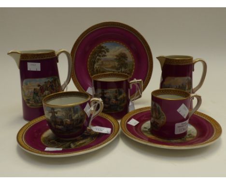 A collection of purple ground Prattware, including coffee can, two jugs, plates etc. each decorated with a transfer scene inc